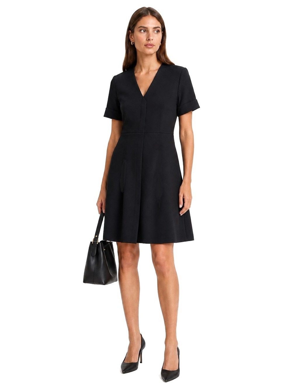 Gerard Darel Black V-Neck A-Line Short Sleeve Dress